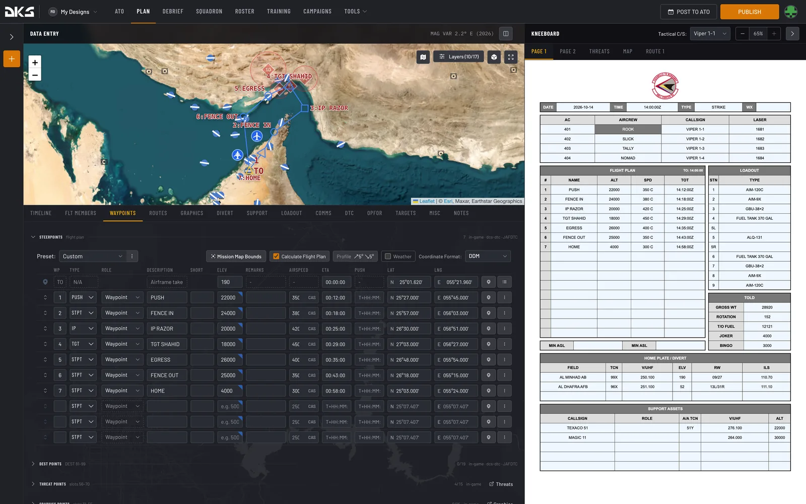 The planner: route on the map, waypoints below, and the Warhawks kneeboard updating alongside