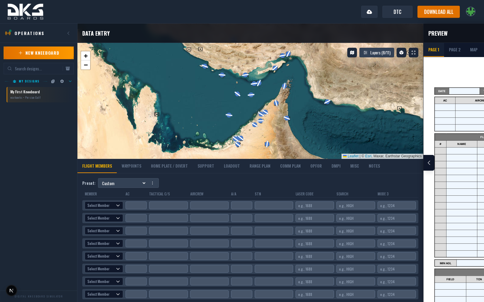 The main editor view showing the tactical map at the top, the tab bar with sections like FLIGHT MEMBERS, WAYPOINTS, LOADOUT visible below it, and the kneeboard preview panel on the right side displaying a rendered kneeboard page