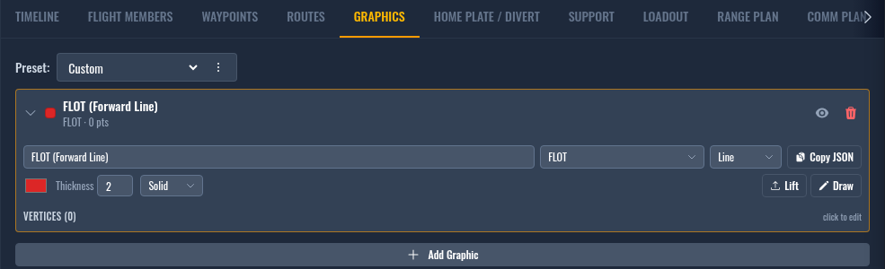 The Graphics tab showing the list of battlefield graphics with an expanded row's Kind and Shape selectors