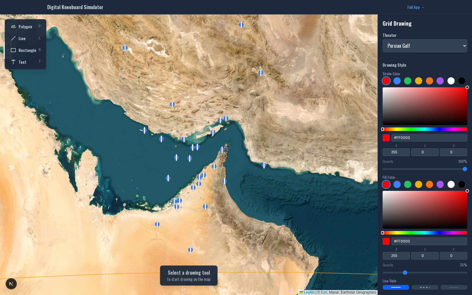 The Drawing Tool showing a map with several drawn polygons colored red and blue, a sidebar listing drawings by name, and the tool palette on the left with polygon, polyline, and text buttons