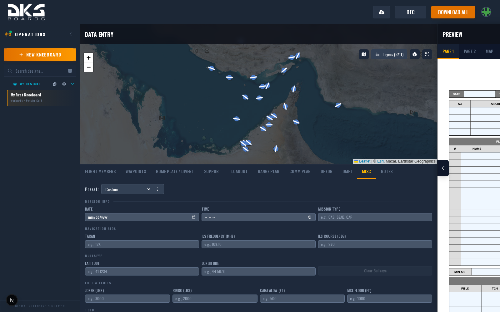 The Misc tab showing Mission Info, Navigation Aids, Fuel & Limits, and Weather sections