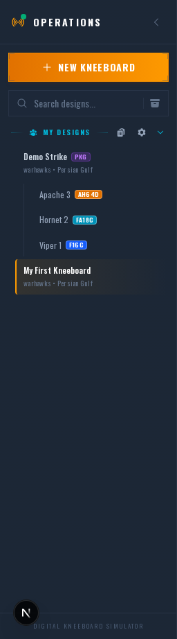 The sidebar showing a master design expanded with three child flight designs nested under it, each with their own name like Viper 1, Hornet 2, Apache 3