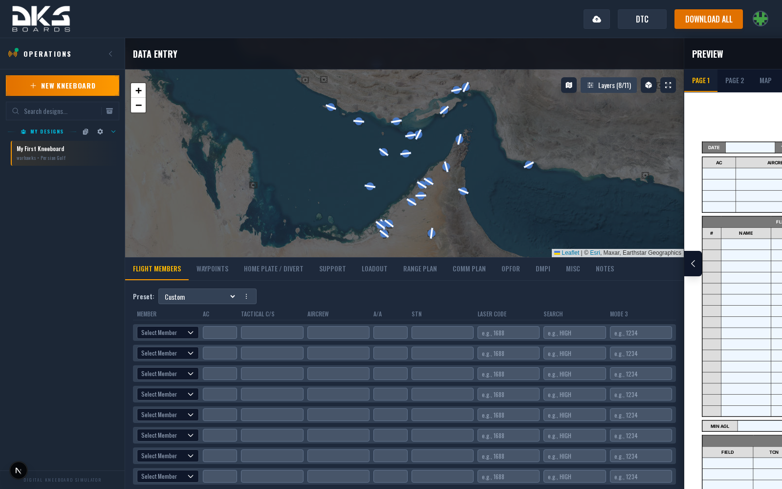 Range Plan tab showing the waypoint grid with columns for WP, Description, Elevation, Remarks, Radius, Unit, Lat, and Lng
