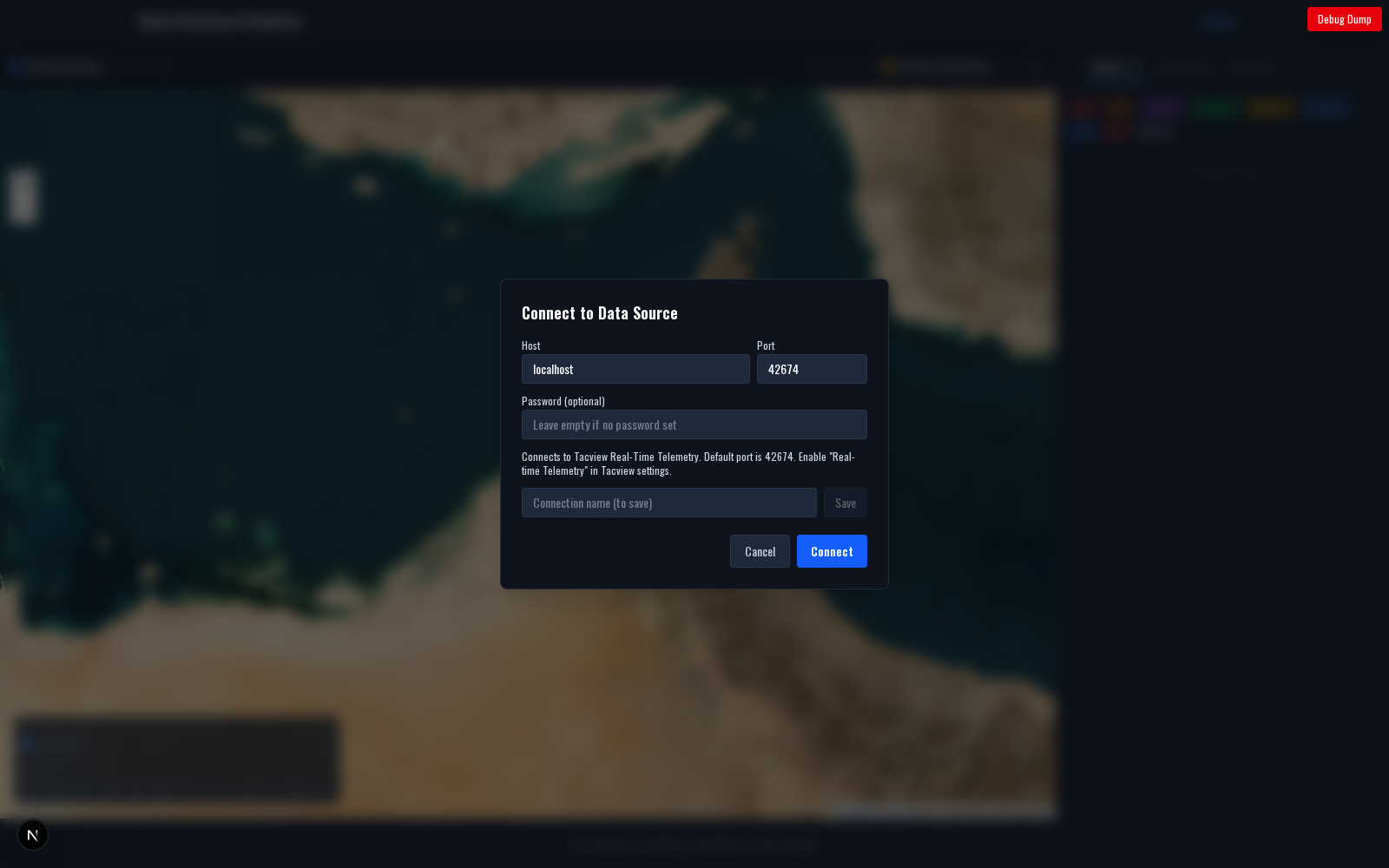 The Realview page with the Connect to Data Source dialog open, showing host, port, and password fields for Tacview RTT