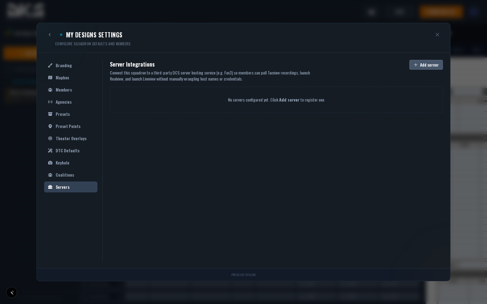 The Squadron Servers section showing a Fox3 server entry with capabilities icons for Tacview, Realview, Liveview, Webhooks, and a Test button