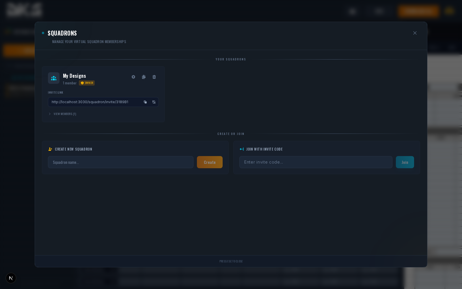 The squadron overlay showing a squadron card with member count, invite code with copy button, gear icon for settings, and options for duplicate/delete/leave