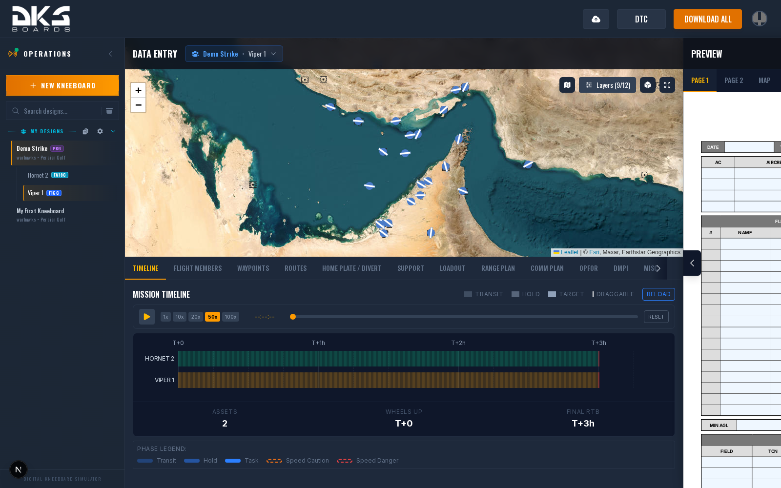 The Timeline tab showing multiple flight bars with draggable points for takeoff, hold, task, and landing