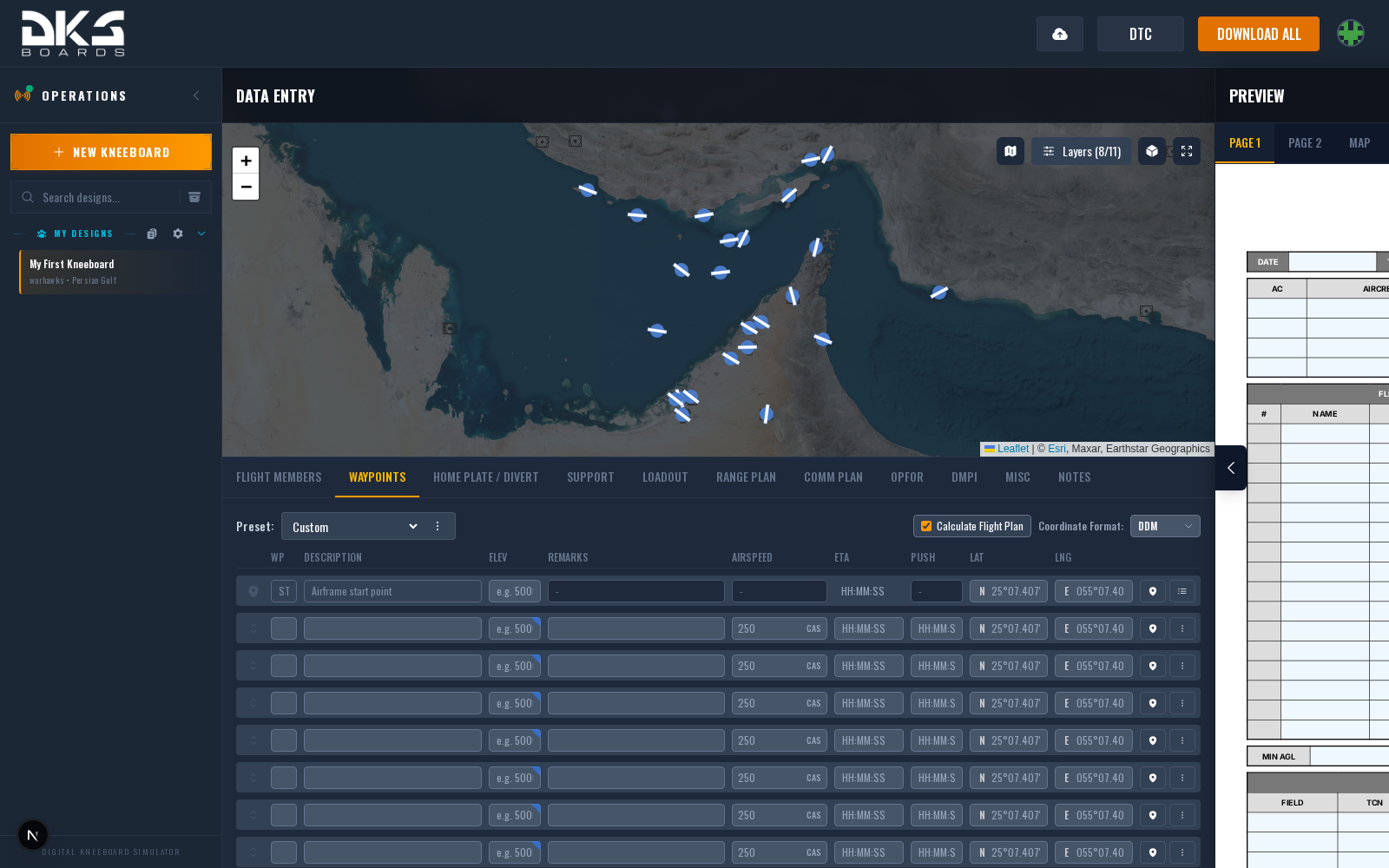 The Flight Plan tab showing the waypoint grid with start point, several waypoints, and the Calculate Flight Plan checkbox enabled