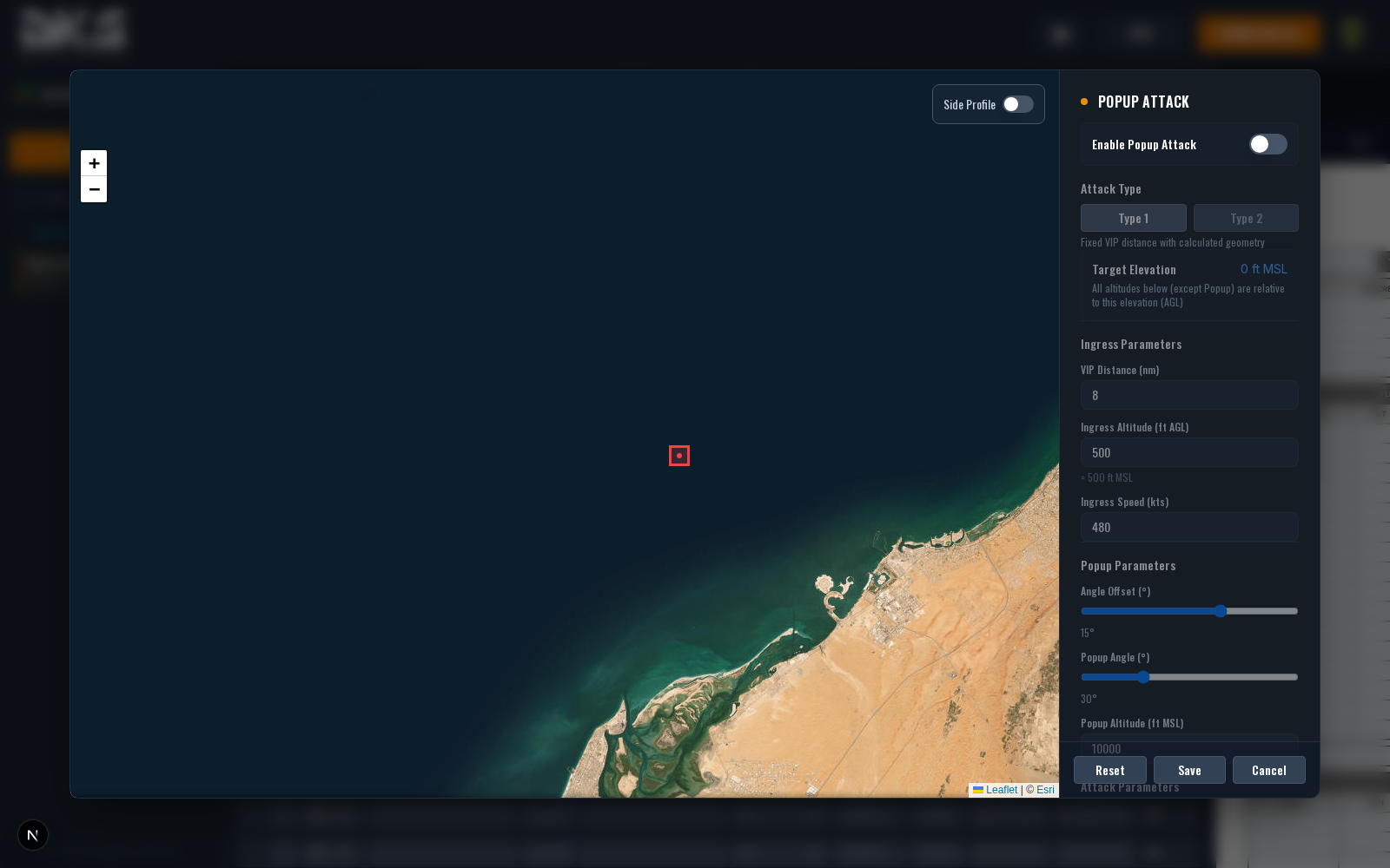 The popup attack modal showing the side-profile diagram with IP, target, dive angle, and release parameters